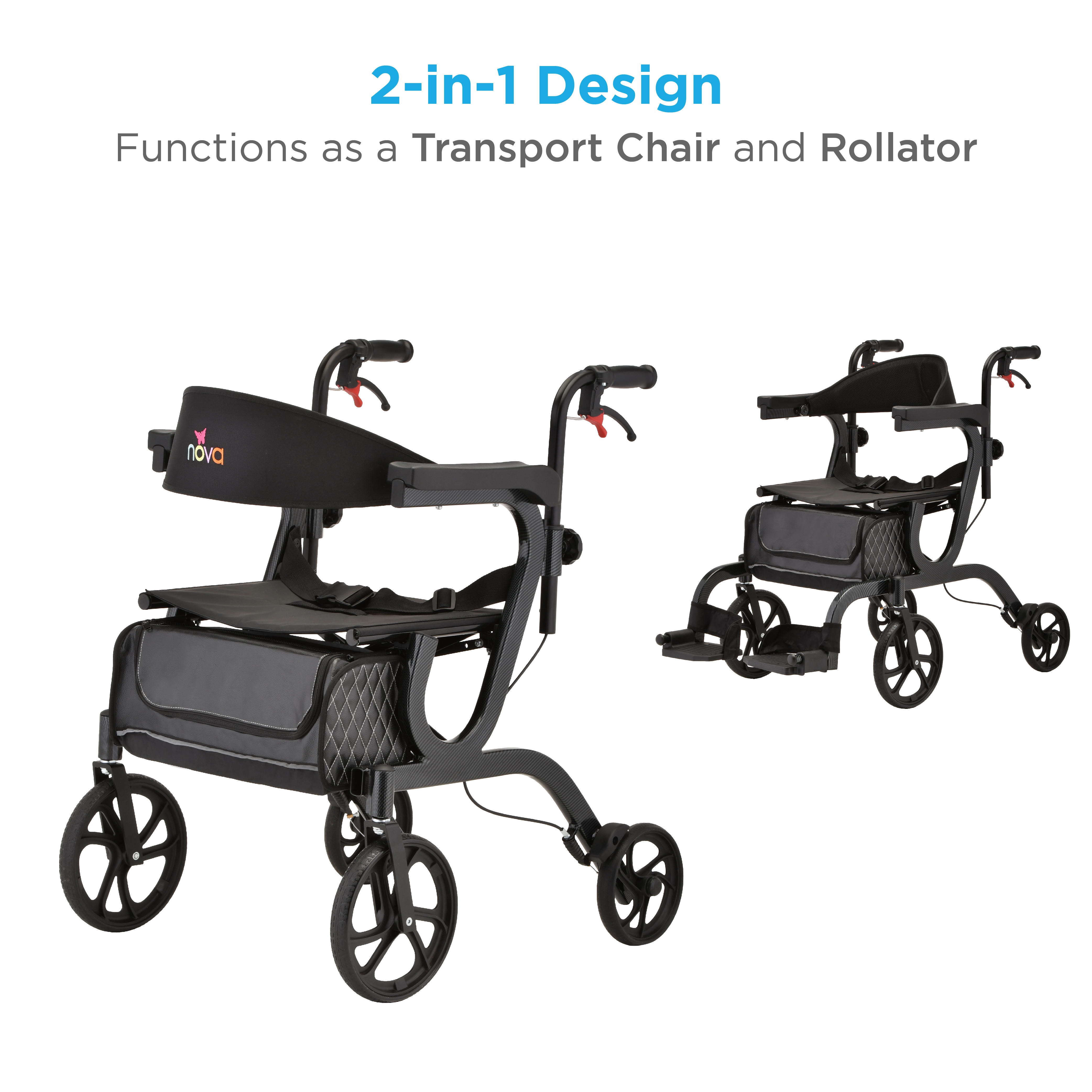 Gemini 2 in 1 Rollator Transport Chair Black – Nova Medical Products